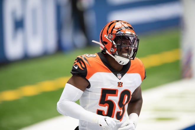 Cincinnati Bengals linebacker Akeem Davis-Gaither (59) in coverage during  an NFL football game against the New York Jets, Sunday, Sept. 25, 2022, in  East Rutherford, N.J. The Cincinnati Bengals won 27-12. (AP