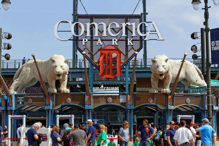 What street is the main entrance at Comerica Park? Where do you park